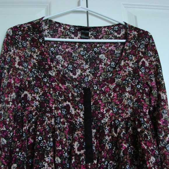 H&M Purple Pink Black Floral Boho Babydoll Peasant Dress - Picture 12 of 15